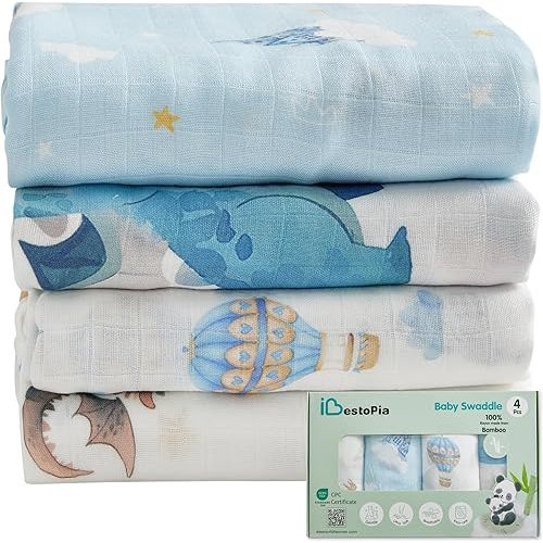 Muslin Baby Swaddle Blankets, 4-Pack 47x47 inches, Breathable 100% Rayon from Bamboo Receiving Blanket, Shower & Registry Gift (Little Dragon/Blue Castle/Hot Air Balloon/Prince & Dragon)
