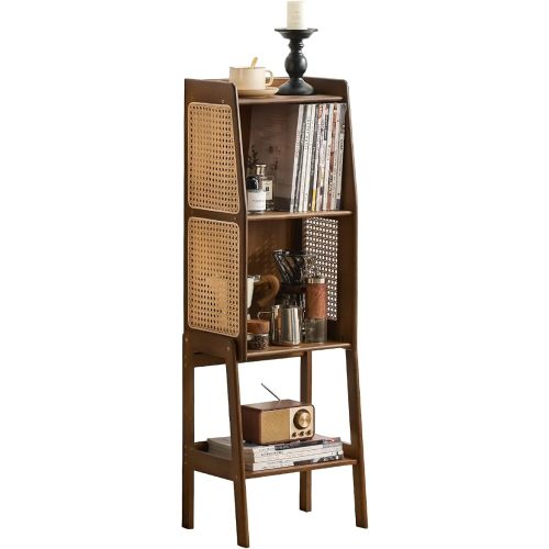 Welnow Bamboo Rattan Bookcase with Cabinet, 2-Tier Storage Shelf with Side Table & End Table Function, Large Modern Wood Organizer for Living Room or Bedroom, Walnut Bookshelf