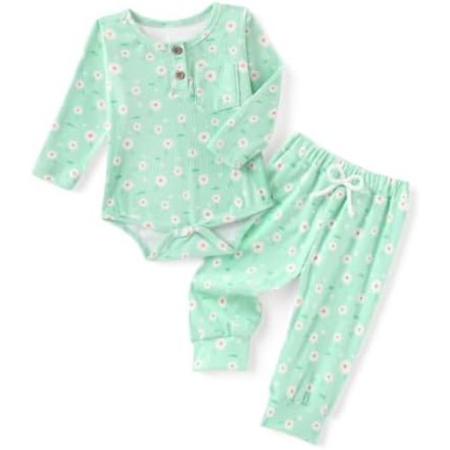 DISAUR Baby Girl 2 Piece Outfit Long Sleeve Henley Bodysuit and Pants Set