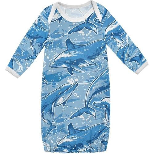 Ocean Dolphin Organic Cotton Swaddle Sleeper Gowns Long Sleeves Soft Lightweight Baby Nightdress for Baby Boys Girls Unisex 6M