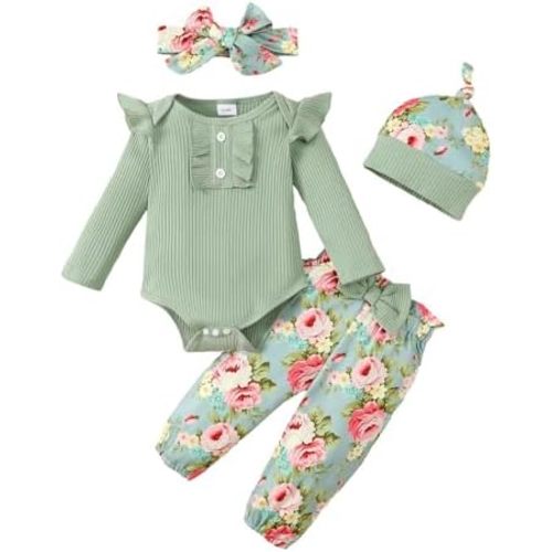 Newborn Baby Girl Clothes Infant Girl Outfits Long Sleeve Ruffle Romper + Floral Pants + Headband +Hat Set