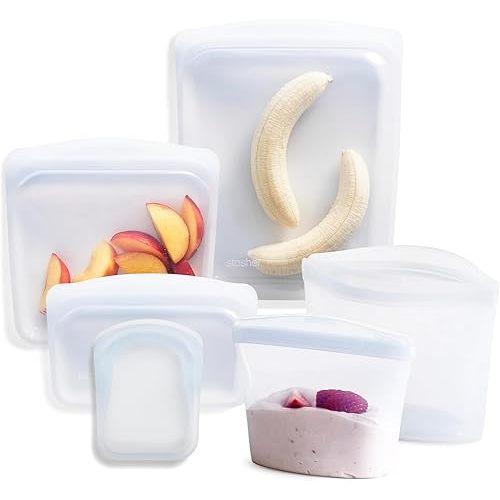 Stasher Silicone Reusable Storage Bags, 6-Pack, Reusable Freezer Bags, Microwave, Dishwasher, Oven Safe, Sous Vide, Premium Lunch Containers, Eco Friendly, Food Storage Silicone Bags, Clear