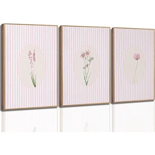 3 Pcs Pink Striped Floral Canvas Wall Art Minimalist Pink Flower Botanical Painting Pictures Wall Decor Preppy Pink White Striped Flower Poster Print Artwork for Girls Room Bedroom Unframed