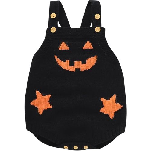 Baby Boy Girl Halloween Clothes Newborn Sweater Romper Pumpkin Ghost Knitted Romper Suspender Jumpsuit Outfits