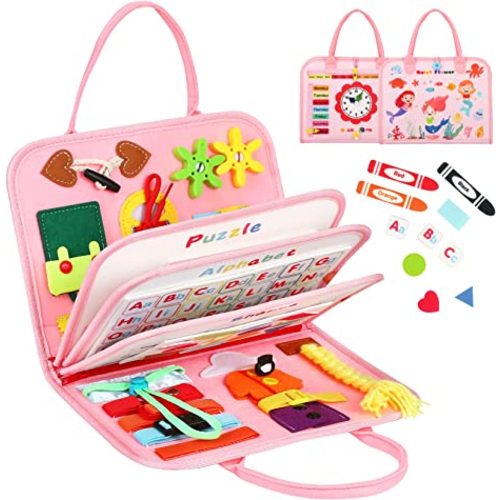 8 in 1 Pink Montessori Toys Busy Board - Sensory Activity Book for Kids | Interactive Preschool Busy Book For Fun Basic Motor Skills Educational Toys,Airplane Travel Essentials, Girls Birthday Gift