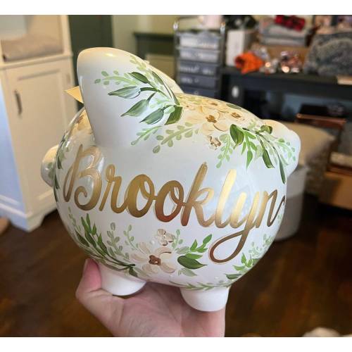 piggy bank hand painted personalized cream and gold floral burst