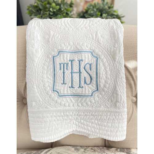 Square Frame Monogram Heirloom Baby Quilt, Embroidered & Personalized Blanket, Simple Classic Nursery Bedding