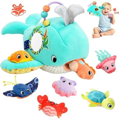 Baby Toys 6-12 Months - Soft Plush Surprise Whale with Stuffed Sea Animals, Rattle, Crinkle, Squeaker, Mirror, Montessori Sensory Toys for 1 Year Old Infant Boys Girls Birthday Gifts