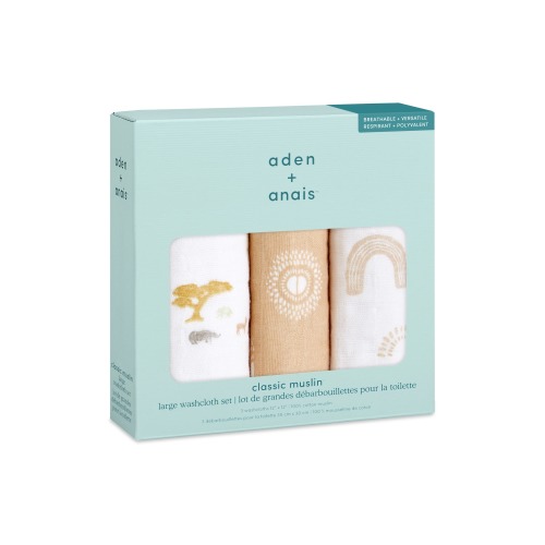 aden + anais 3-Pack Assorted Cotton Muslin Washcloth Set, Keep Rising TanKeep Rising Tan