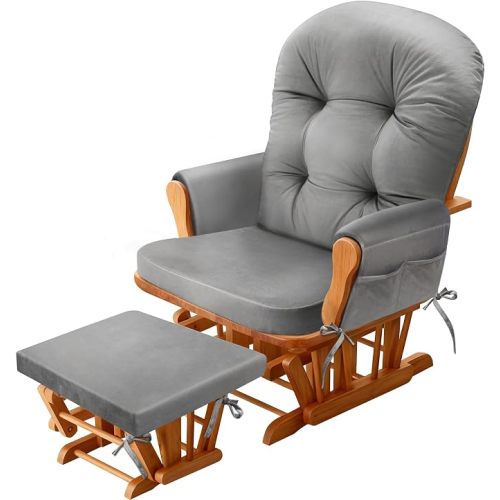 JZHLLA Glider Rocker Replacement Cushion Set with Storage Pockets Soft Flannel Fabric & High-Resilience Foam Non-Slip Back Rocking Chair Cushion for Living Room Rocking Chair(Grey)