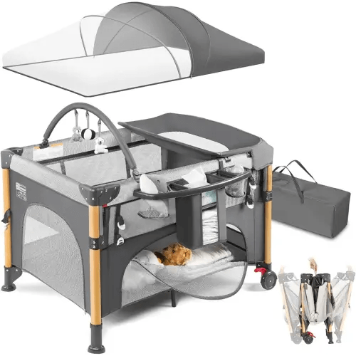 Baby Bassinet Bedside Crib with One-Hand Setup 5-in-1 Foldable Pack n Play for Travel, Portable Baby Bassinet with Diaper Changer & Adjustable Mattress for Newborn to Toddler (Grey)