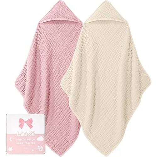 Looxii Baby Bath Towels 2 Pack Muslin Hooded Baby Towels for Newborn and Infants, 100% Cotton, Large 32x32Inch, Soft and Absorbent