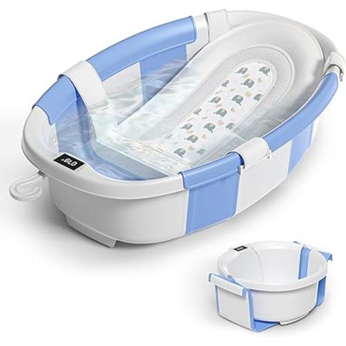 Collapsible Baby Bathtub for Newborn to Toddler 0-36 Months,Spacious Foldable Infant Bath Tub with Thermometer,Cushion & Drain Hole,Portable Travel Tub, Baby Shower Gift Blue