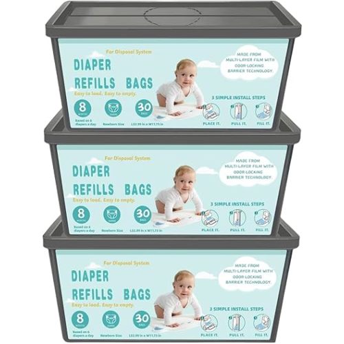 Diaper Pail Refills Bags with 30 Bags Compatible with Genie Easy Roll Signature and Platinum Diaper Pails, 7-Layer Odor-Barrier Technology-3 Packs
