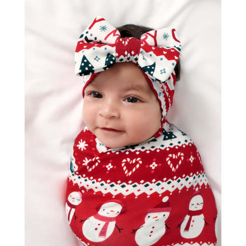Little Sleepies Festive Fair Isle Swaddle & Luxe Bow Headband Set