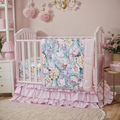 Brandream Crib Bedding Sets for Girls Garden Floral Nursery Set 3-Piece | Ruffled Baby Comforter, Crib Sheet and Tulle Lace Crib Bed Skirt, Green White