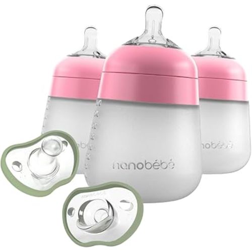 Nanobebe Flexy Silicone Baby Bottle, 3-Pack 9oz in Pink with Baby Pacifiers 0-3 Month, 2-Pack in Sage