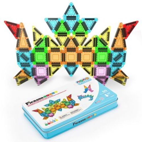 PICASSO-TILES 50PC Nano Magnetic Tiles Travel Toy Construction Building Blocks Playset with Storage Case STEM Montessori Learning Toys for Kids
