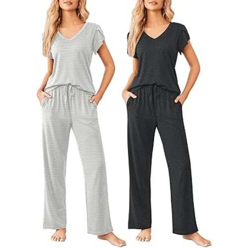 Ekouaer 2 Pack Womens Pajamas Short Sleeve Sleepwear Top with Pants Super-Soft Printed Lounge Sets S-XXL