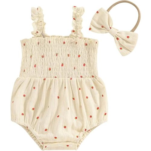 Infant Baby Girl Summer Outfit Clothes Sleeveless Smocked Cotton Linen Romper with Headband