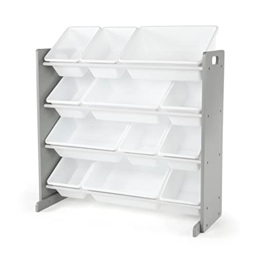 Humble Crew Kids Toy Organizer with 12 Bins, 4 Tier Storage for Playroom | Sturdy wood and steel toddler shelf, removable BPA-free containers, wall anchor anti-tip safety kit for bedroom or classroom