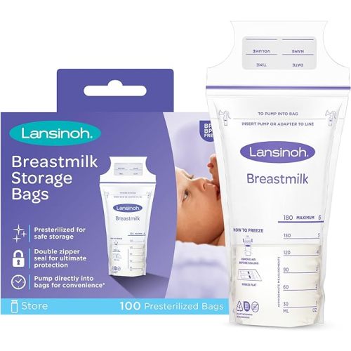 Lansinoh Breastmilk Storage Bags, 100 Count, 6 Ounce, Easy to Use Milk Storage Bags for Breastfeeding, Presterilized, Hygienically Doubled-Sealed, for Refrigeration and Freezing