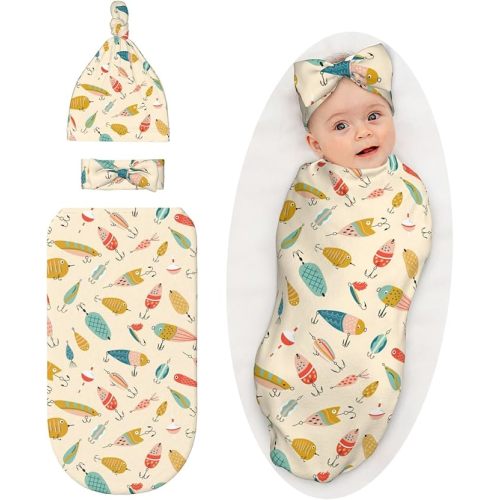 Fishing Baby Stuff Swaddle Blanket with Headband and Beanie Set, Soft Fisher Newborn Receiving Blanket Outfit Infant Shower Gift for Boys Girls