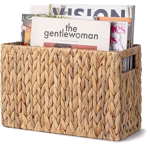 StorageWorks Hand-Woven Magazine Holder, Magazine Wicker Basket for Bathroom, Office, Rattan Magazine Holder, Natural Water Hyacinth, 1 Pack