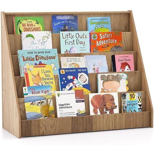 HONEY JOY Kids Bookshelf, 5-Tier Wooden Toddler Bookcase, Children Book Rack & Magazine Display Shelf, Toy Storage Organizer, Book Shelf for Kids Rooms, Playroom, Nursery, Classroom (Natural)