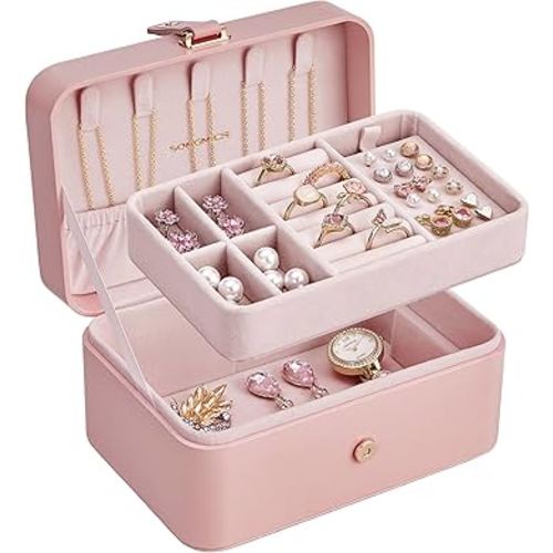 SONGMICS Jewelry Organizer Box, Travel Jewelry Case, 2-Layer Travel Case for Earrings, Necklaces, Bracelets - Portable Jewelry Storage with Large Capacity, Gift Idea, Jelly Pink UJBC166R01