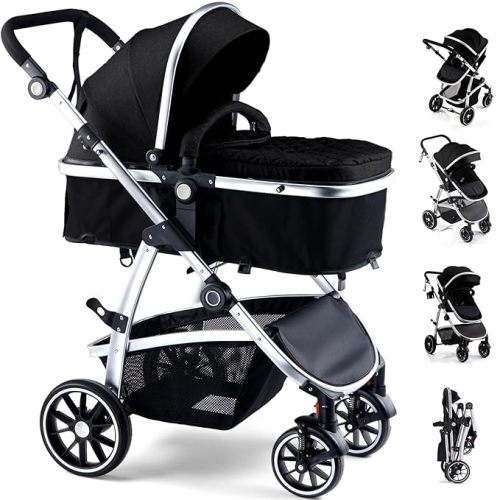 2 in 1 Baby Stroller,Convertible Pram Stroller with Bassinet Mode,Reversible Toddler Stroller with Spacious Seat & Large Canopy,3 Adjustable Handle,Pushchair for Infants and Newborns