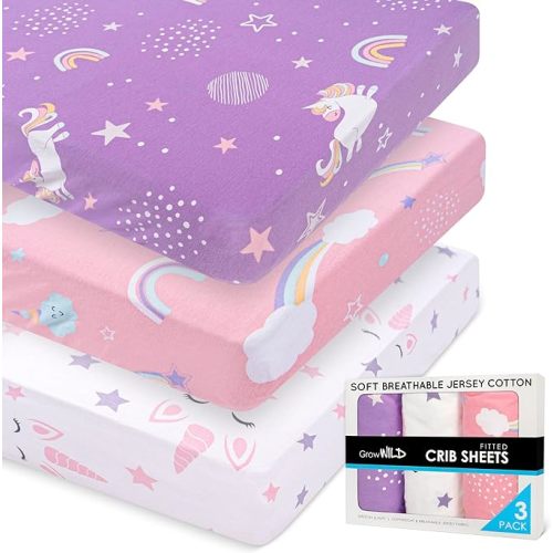 GROW WILD Unicorns & Rainbows Fitted Crib Sheets Girl (3 Pack) - Soft Jersey Cotton Fitted Sheet, Toddler Bed Mattress & Baby Crib Bedding Set for Girls, Baby Girl Nursery Crib - Pink, Purple & White