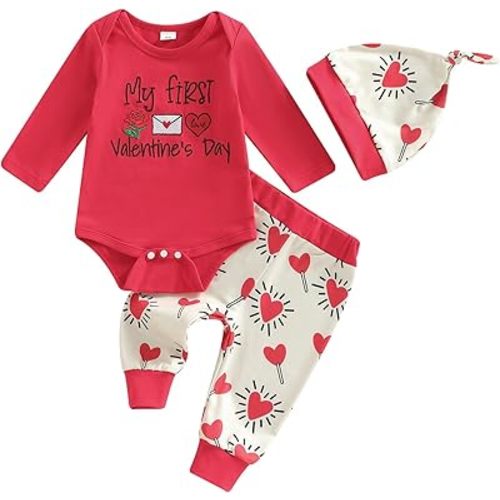 My First Valentines Baby Boy Outfit Lover Boy Long Sleeve Romper Pants Hat Newborn Infant Onesie Clothes Outfits