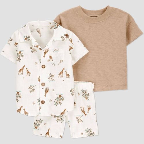 Carter's Just One You®️ Baby Boys' Creme Scenic 3pc Set Top & Bottom Set - Brown Newborn: Cotton Pullover, Button Down