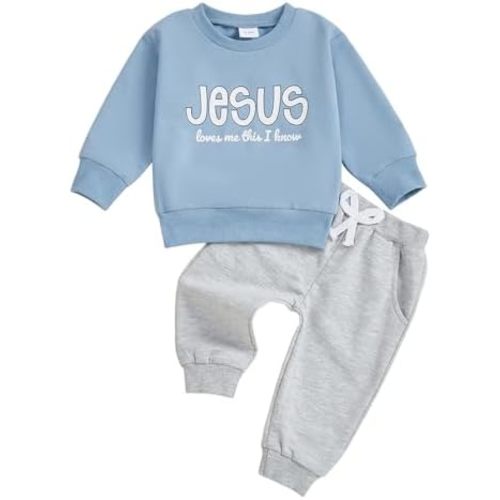 Baby Boy Christian Outfit Jesus love Me Sweatshirt Solid Jogger Pants Infant Toddler Church Pray Baptism Clothing Set