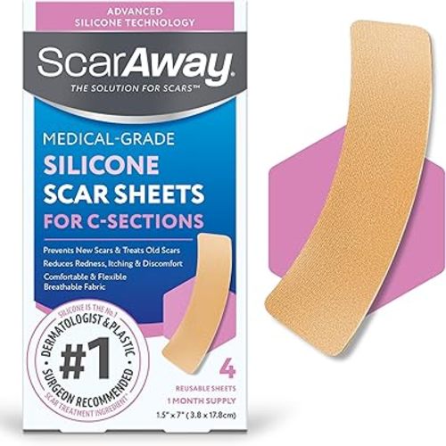 ScarAway Advanced Silicone Scar Sheets for C-Section, Reusable Strips (1.5” x 7”) for Hypertrophic and Keloid Scars from C-Section & Other Surgeries, 4 Sheets