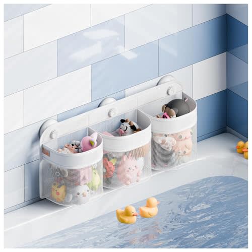 Y.duck Bath Toy Storage Holder ｜Mesh Hanging Organizer Net Bag for Bathtub Shower Caddy｜Splash Proof Kids Bathroom Accessories with Suction Cups