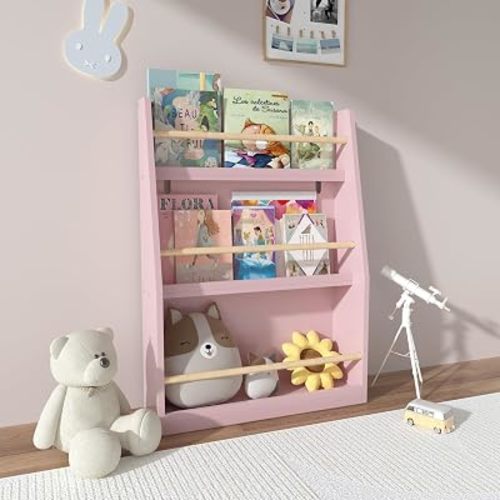 3 Tier Kids Bookshelf, Wooden Montessori Storage Organizer, Pink
