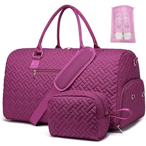 Travel Duffle Bag for Women, Weekender Bag with Shoe Compartment, Carry On Overnight Bag for Women with Toiletry Bag, Gym Bag with Wet Pocket, Hospital Bags for Labor and Delivery Purplish Red