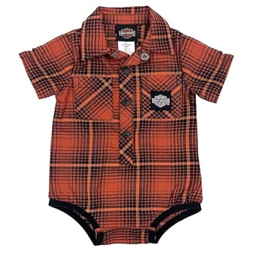 Harley-Davidson Baby Boys' B&S Yarn Dyed Newborn Plaid Creeper, Orange/Black