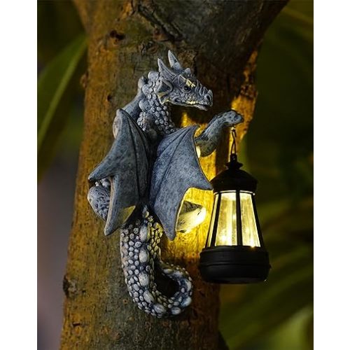 Goodeco Dragon Tree Hugger Solar Lantern Garden Statue - 9.3 Inch Resin Dragon Decor for Outdoor, Perfect Garden Gift & Yard Decor