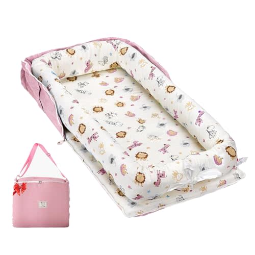 Baby Lounger for Newborns & Infants 0–24 Months, 100% Cotton Breathable Infant Support Cushion with Adjustable Size, Portable Baby Nest for Home and Travel, Baby Shower Gift (Animal World Pink)