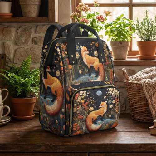 Faux-Embroidery Fox Diaper Backpack, Cottagecore Fox Mommy Bag, Storybook Fables Fox Bag, Forestcore Mama Cottage Nursery Shower Gift Bag