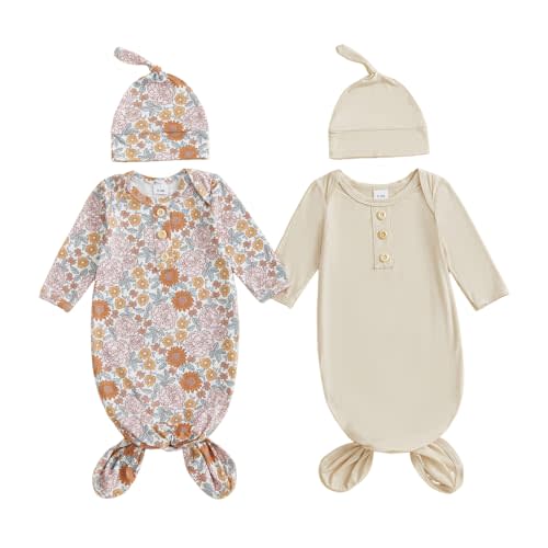 woshilaocai 2 Pack Baby Boy Girl Gown Sleeper Newborn Knotted Nightgown and Hat Set Infant Sleepwear