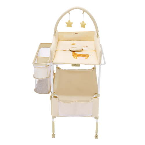 KFFKFF Foldable Baby Changing Table with Adjustable Height, Storage Drawers, Side Organizer, Hanging Rod, Lockable Wheels, and Star Toys, Light Beige