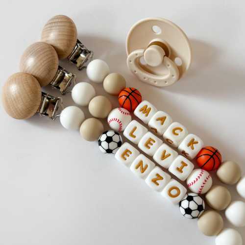 Personalized Pacifier Clip • Add Baseball, Football, Soccer or Basketball + Newborn Baby Boy Name • Custom Baby Shower Gift