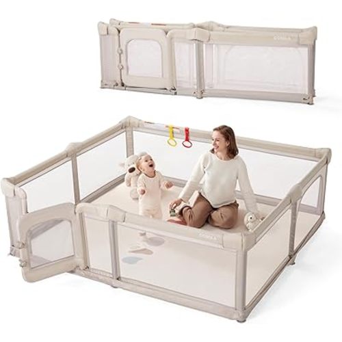 Foldable Baby Playpen for Toddlers & Babies, Large Play Yard with Mat, 79"x71" Extra Large Safety Playpen for Indoor Outdoor, Anti-Escape Dual Door Play Pen for Infants,Khaki