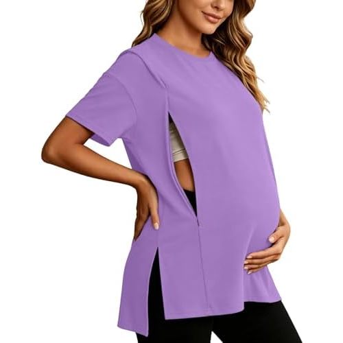 Women's Maternity Shirts Side Zipper Plus Size Nursing Tops Short Sleeve Basic Maternity Shirts Summer Casual Tees