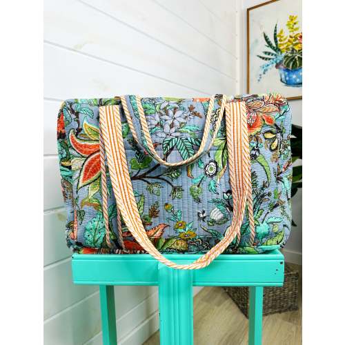 Blue Botanical Quilted Weekender Overnight Duffle Bag