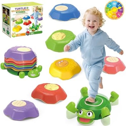 8 PCs Turtle Stepping Stones for Kids, Durable Non-Slip Sensory Balance Stepping Stones with Game Spinner Promoting Toddler's Balance & Coordination Skills, Indoor & Outdoor Toys